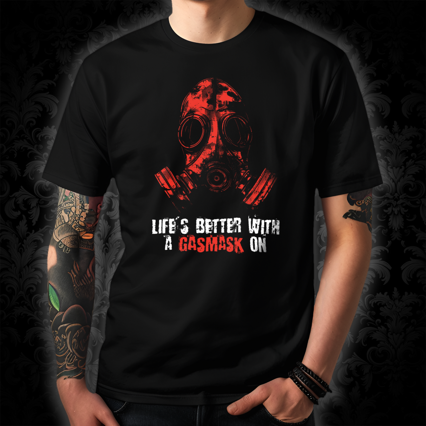 Unisex triko - Life is better with a gasmask on v červené