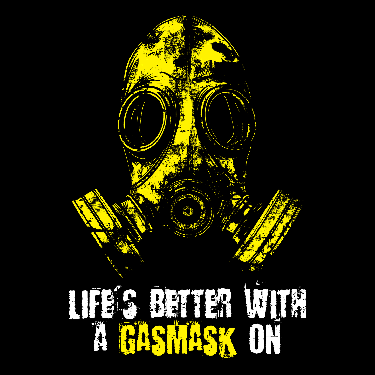 Hrnek Life is better with a Gasmask on ve žluté